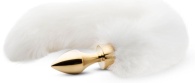 Золотистая анальная пробка с белым пушистым хвостом Fox Tail Plug