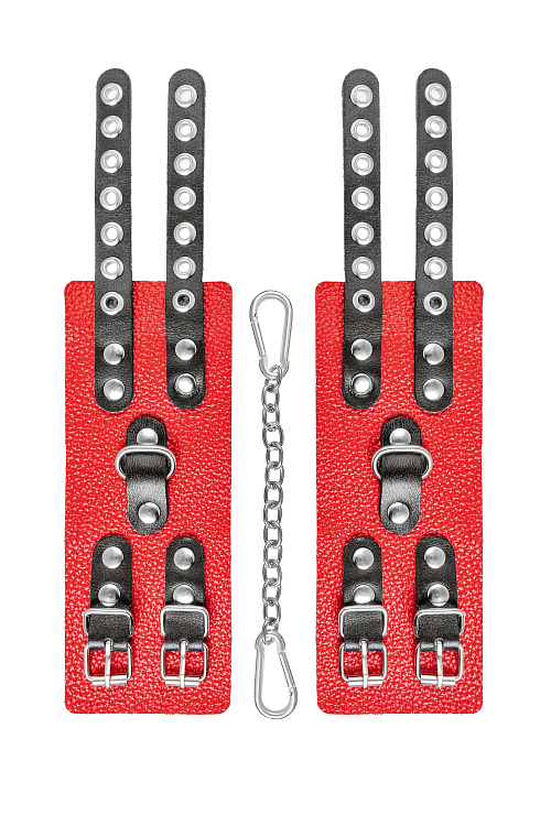 Красно-черные мягкие наручники с двумя ремешками с люверсами