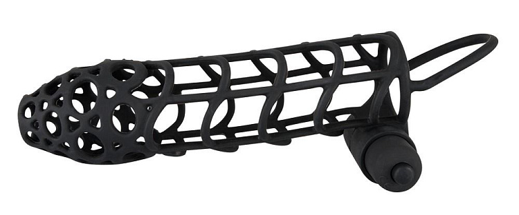 Чёрная закрытая насадка-сетка на пенис с вибрацией Black Velvet - 14 см.