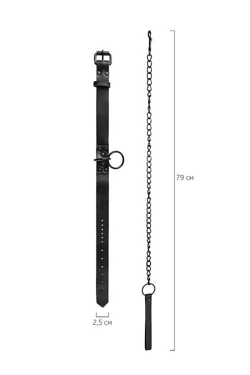 Черный ошейник из кожи с поводком-цепочкой