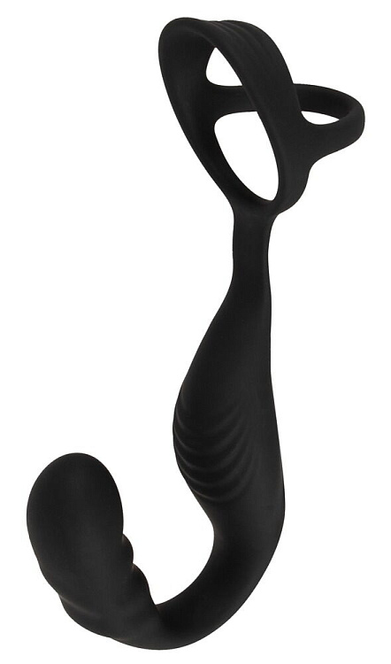 Черное эрекционное кольцо со стимуляцией промежности и анальной пробкой Cock Ring with RC Prostate Plug