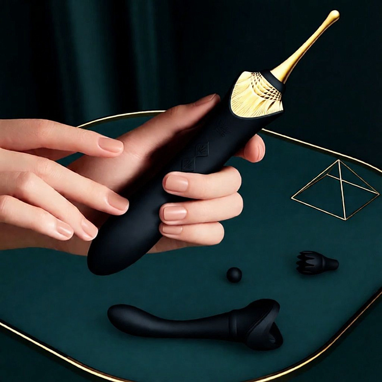 Черный клиторальный вибростимулятор с насадками Bess