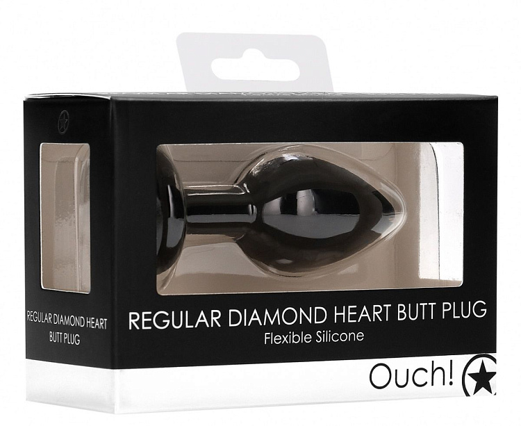 Черная анальная пробка с прозрачным стразом Diamond Heart Butt Plug - 7,3 см.