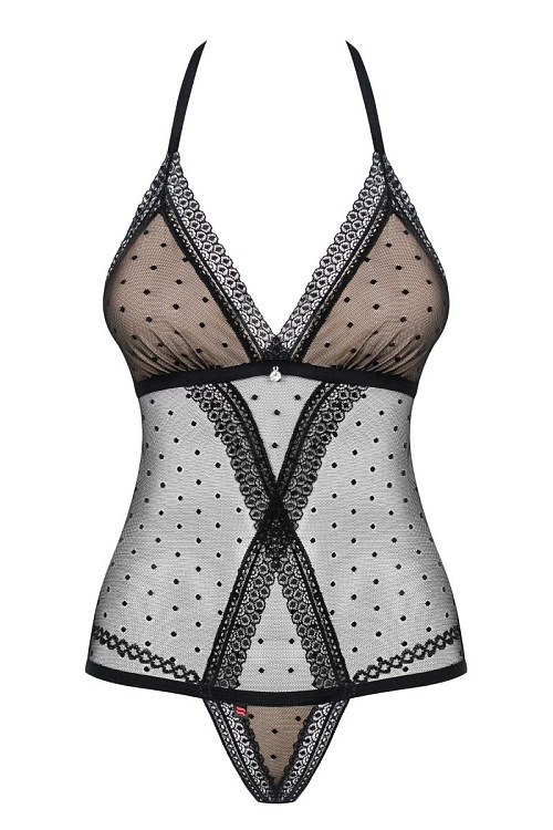 Эффектное полупрозрачное боди с мягкой чашечкой в мелкий горошек