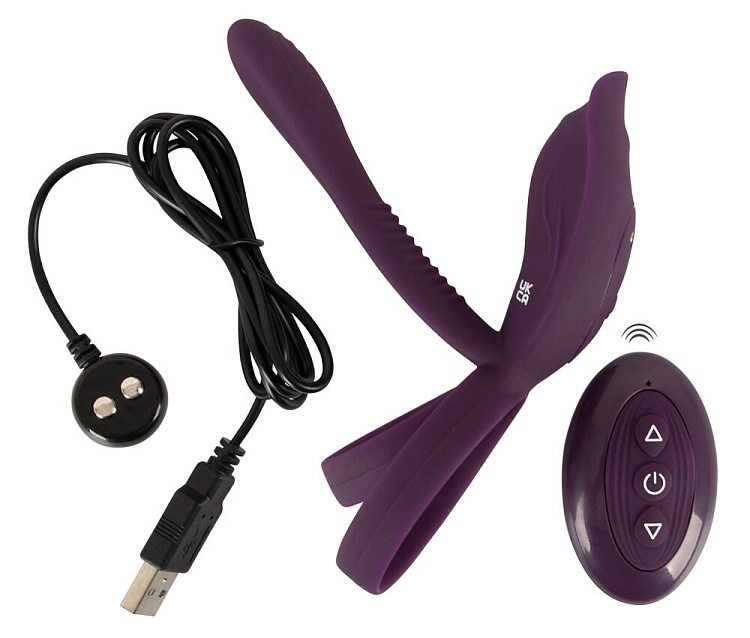 Фиолетовая насадка на член с клиторальным отростком и пультом ДУ RC Couple’s Vibrator 2