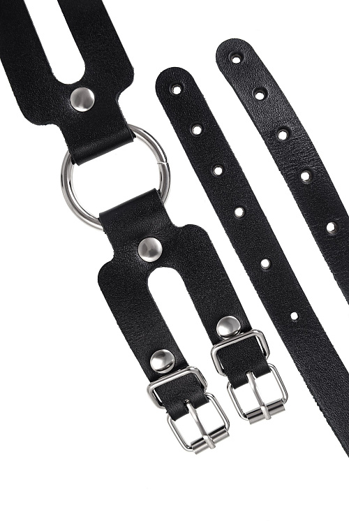 Черные кожаные наручники-браслеты из двух ремешков