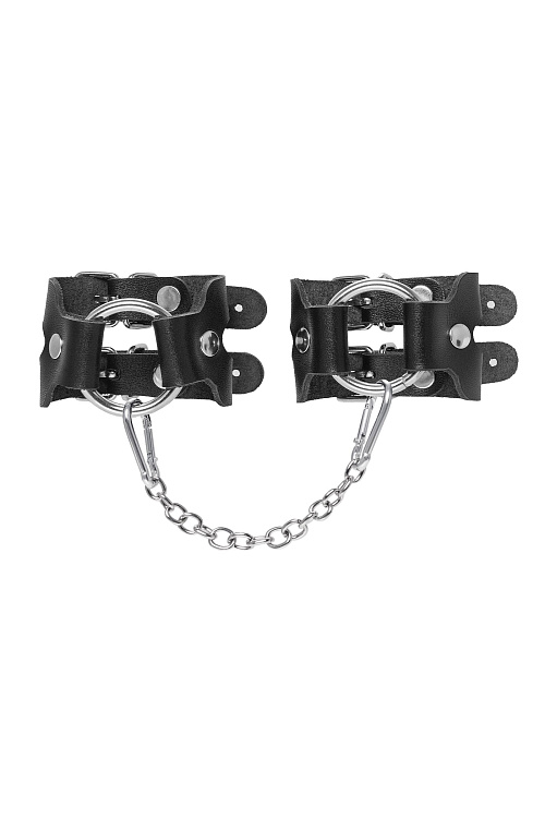 Черные кожаные наручники-браслеты из двух ремешков