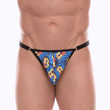 Синие мужские трусы-тонги с разноцветным принтом