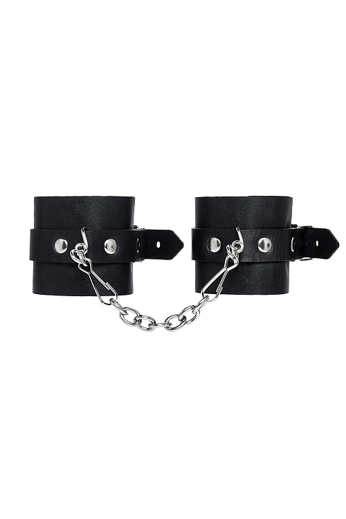 Черные однослойные наручники из натуральной кожи с цепочкой
