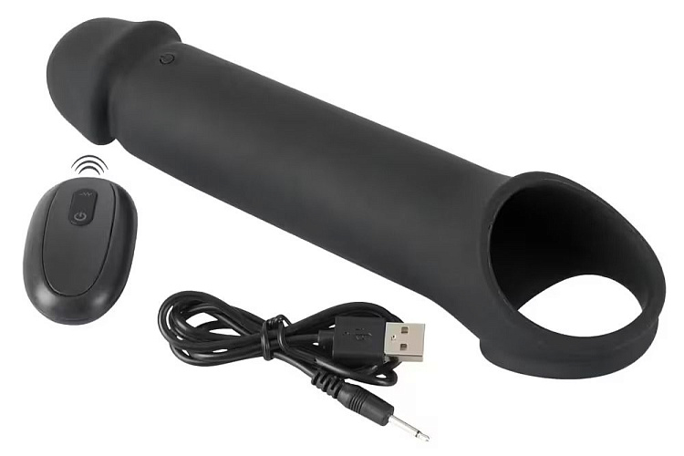 Черная вибронасадка для пениса с хомутом для мошонки и пультом ДУ Remote Controlled Penis Extension