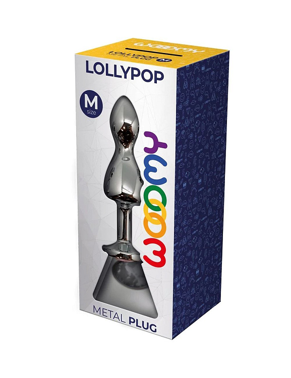 Серебристая анальная втулка Wooomy Lollypop M с прозрачным кристаллом - 9,4 см.