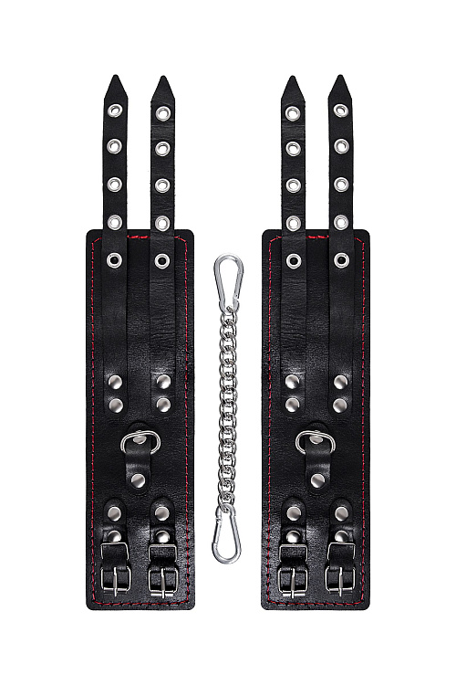 Черные кожаные оковы с двумя ремнями и контрастной строчкой