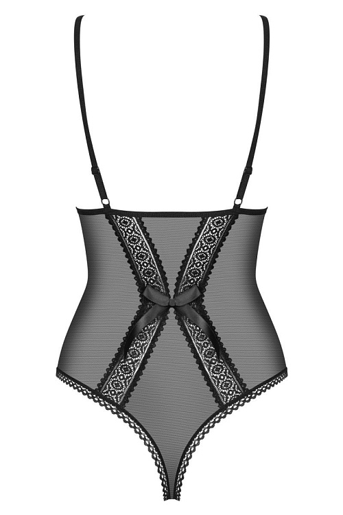 Полупрозрачное боди с кружевными вставками и атласным бантиком