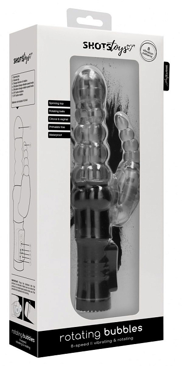 Черный вибратор-кролик Rotating Bubbles - 23,2 см.