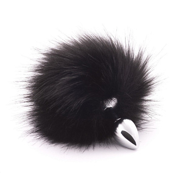 Серебристая анальная пробка с черным хвостиком из искусственного меха