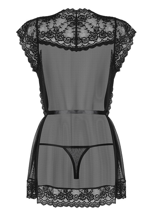 Коротенький пеньюар с атласным пояском и кружевами