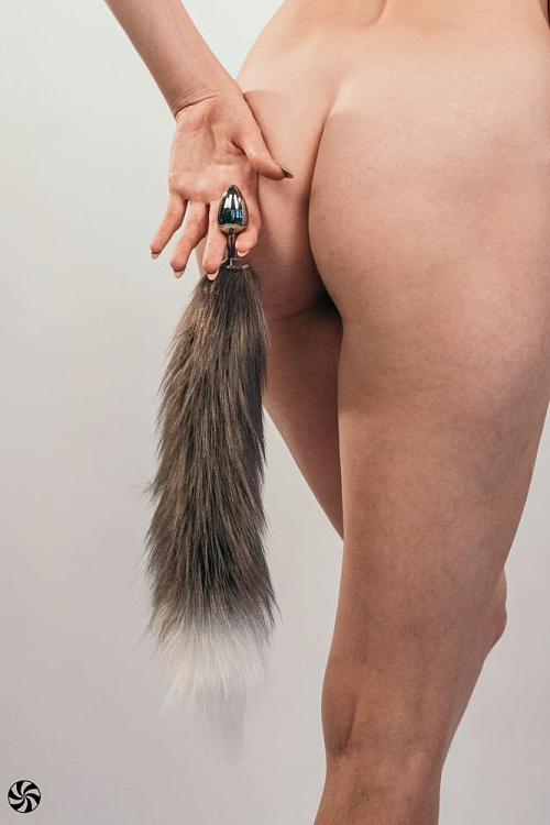 Серебристая анальная пробка с черным хвостом Galaxy