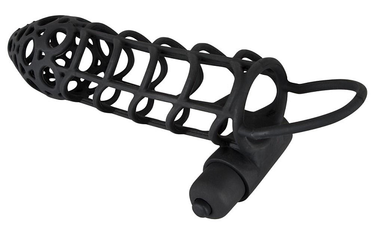 Чёрная закрытая насадка-сетка на пенис с вибрацией Black Velvet - 14 см.