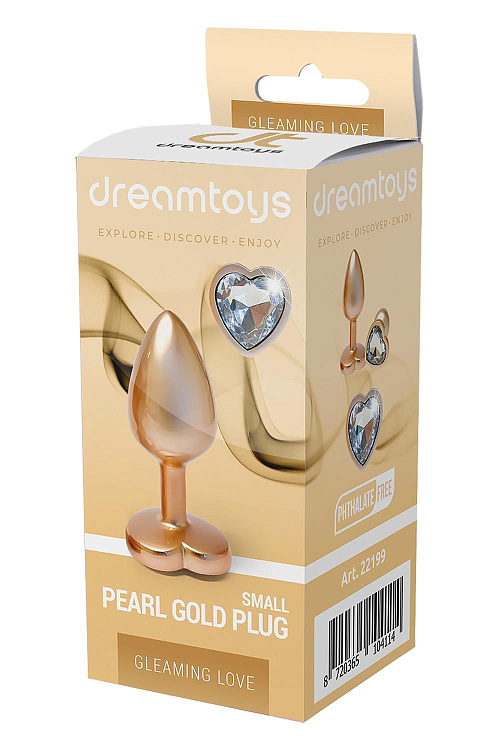 Золотистая анальная пробка с прозрачным кристаллом-сердцем Pearl Gold Plug Small