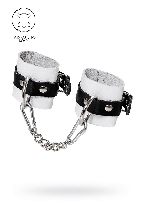 Бело-черные кожаные наручники с одним ремешком с люверсами