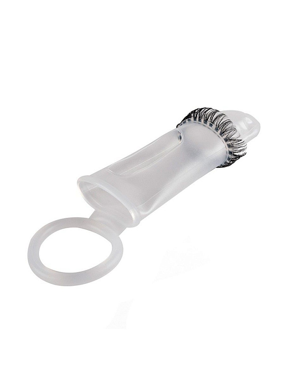 Закрытая насадка на пенис с подхватом мошонки и стимулирующими «ресничками»